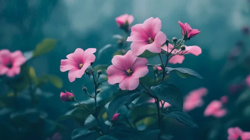 Pink flowers blooming in soft-focused teal garden atmosphere