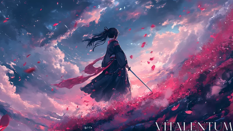 Lone warrior greets a storm of petals under glowing skies