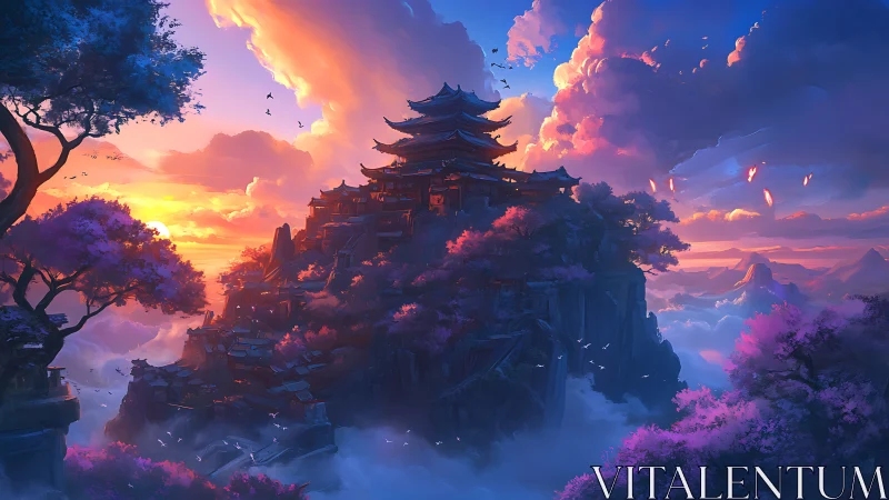 Sunset temple fortress above misty sakura mountainscape.