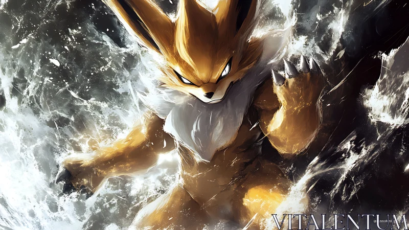 Storm-clawed fox warrior bursts through roaring lightwaves.