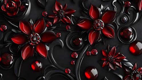 Red Gemstone Flowers on Black Ornamental Background.