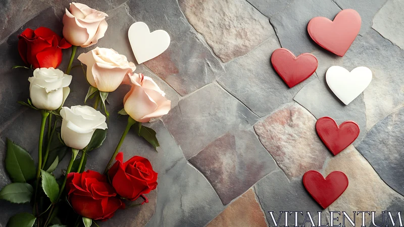 Red, Cream, Pink Roses with Heart Decorations on Stone