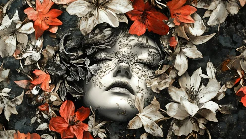 Woman’s stylized face merges with layered red and white flowers