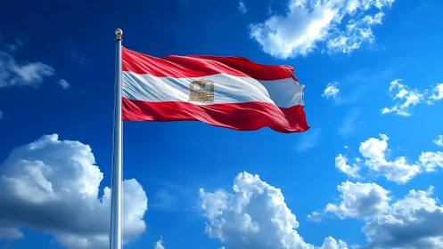 Peru national flag with coat of arms waving against sky.