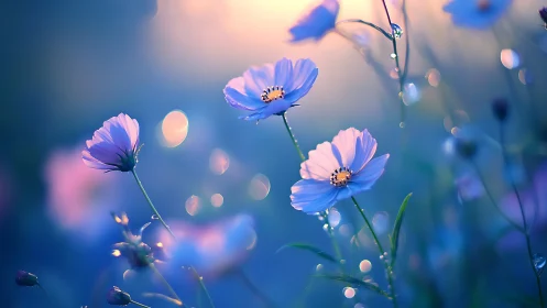 Dreamy Blue Cosmos Flowers Glow in Soft Light