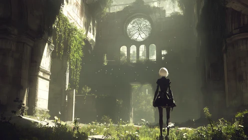 Quiet android wanderer in a sunlit overgrown cathedral.