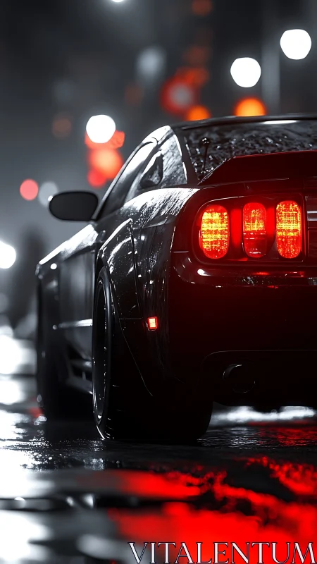 Muscle car taillights glow over wet neon city street.