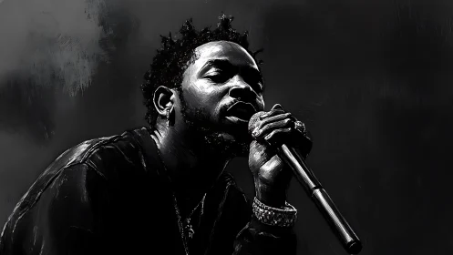 Black and white digital portrait of singer holding microphone