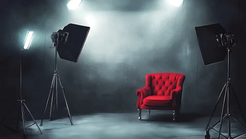 Red tufted armchair under three-point studio lighting setup