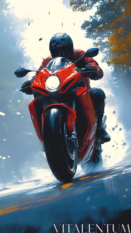 Dynamic digital painting of red sport motorcycle in motion.