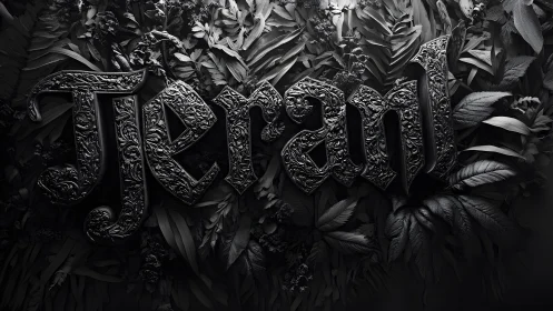 Ornate "Teran" Text in Gothic Style with Leafy Monochrome Background.