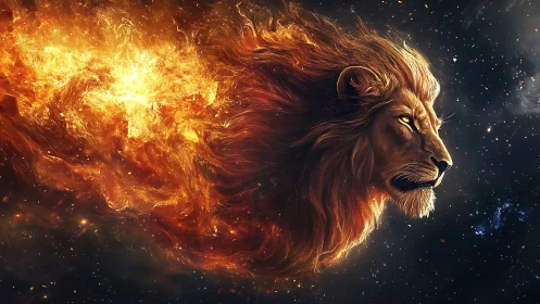 Celestial lion head burns through swirling cosmic nebula.