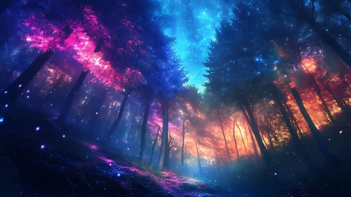 Bioluminescent forest path with neon light simulation