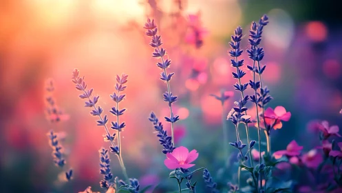 Purple Lavender Fields at Golden Sunset Hour.