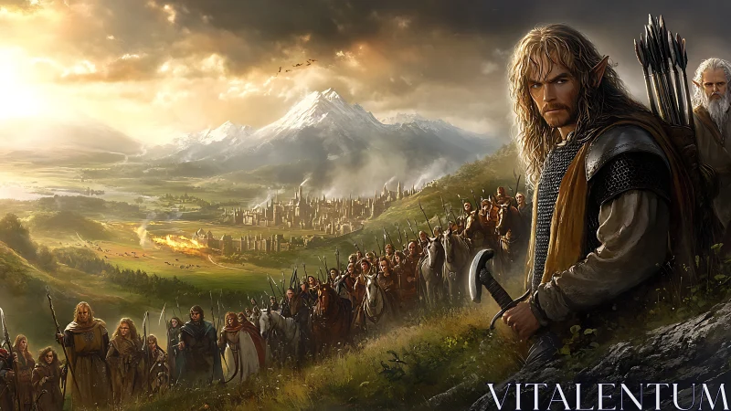 Elven commander leads army toward burning valley city.
