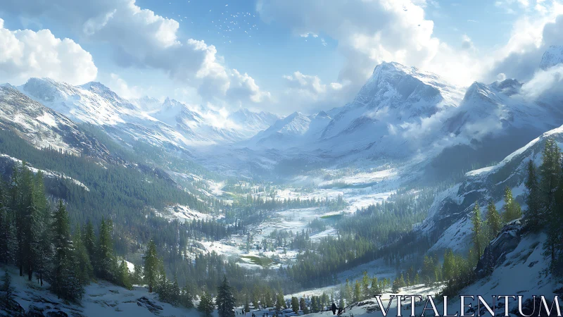 Expansive alpine valley rendered in luminous digital realism