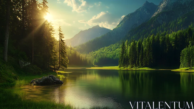 Sunlit conifer forest surrounds a calm alpine lake basin