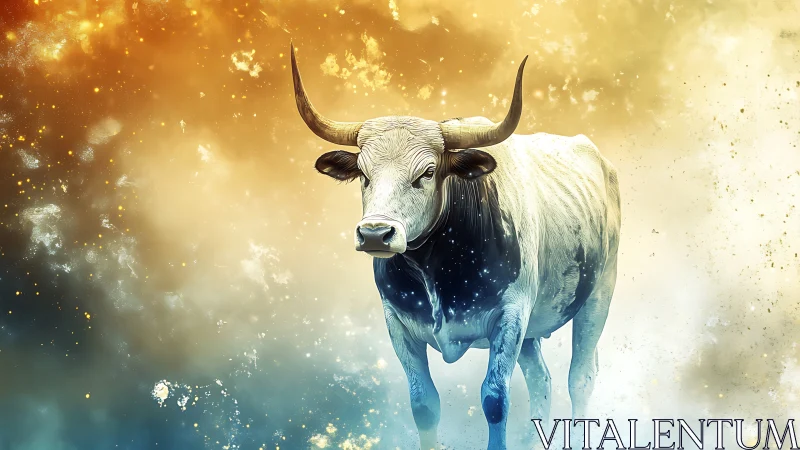White horned bull stands in glowing cosmic colored mist.