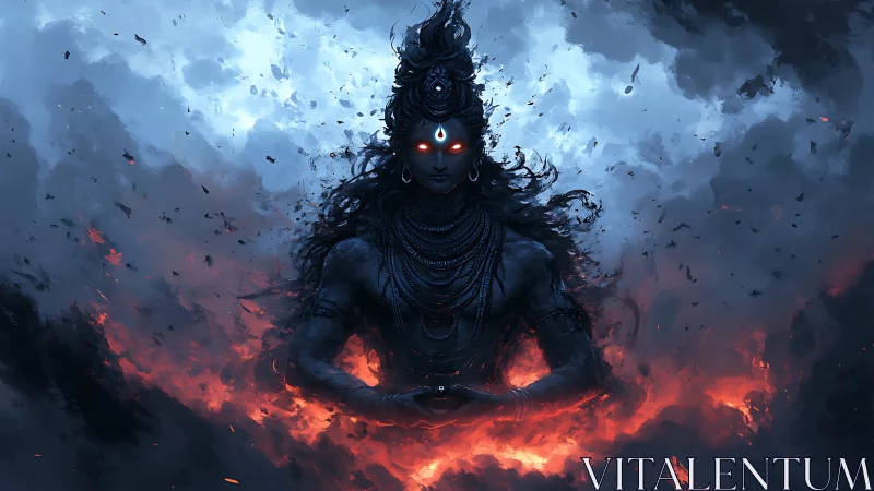 Mythic combustion deity amid turbulent chromatic stormfield.