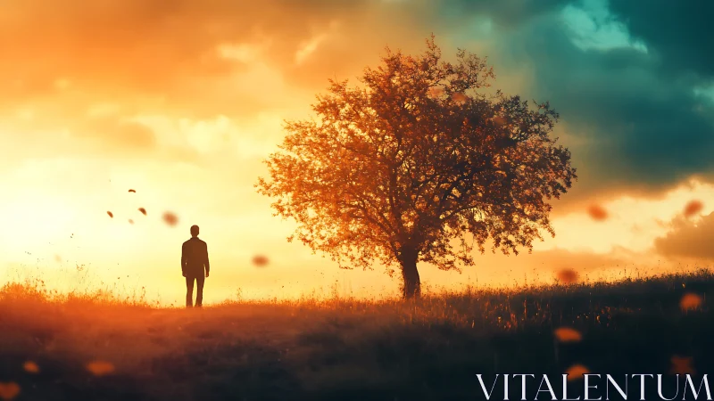 Backlit lone tree and human silhouette in cinematic sunset glow