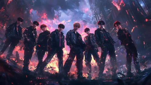 Storm-lit street crew stands bold in glowing cyber ruins