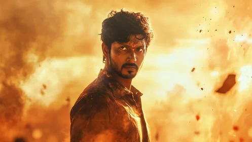 Backlit male subject framed in high-intensity explosive orange haze