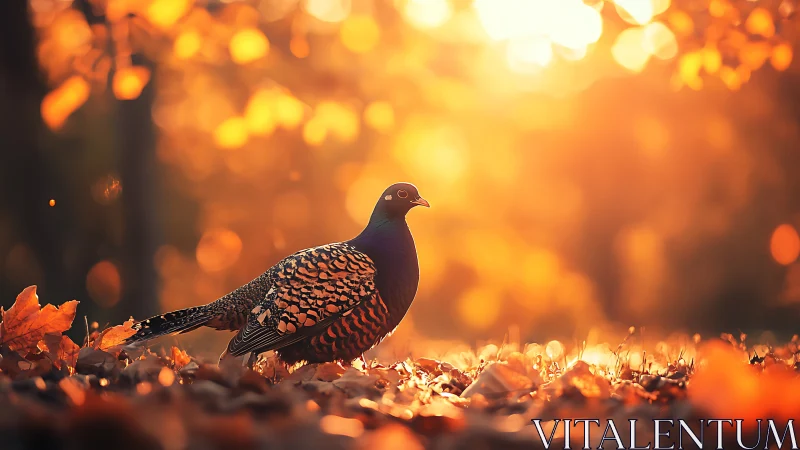 Vibrant pheasant in autumn forest with glowing golden sunlight.