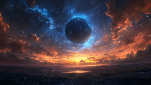 Glowing alien moon rising over a dreamy cosmic sunset sky.