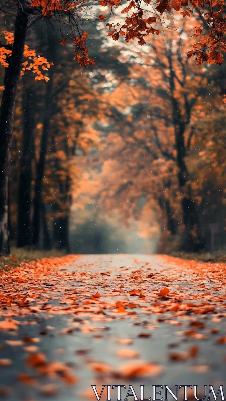 Amber leaf road drifts into a misty forest hush at dusk.