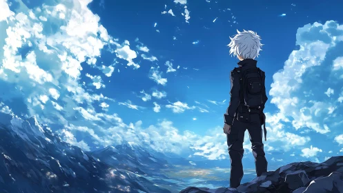 Solitary figure stands on rocky summit under expansive sky