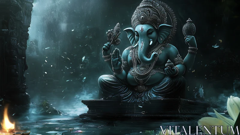 Serene elephant deity sits in misty temple glow with gentle grace