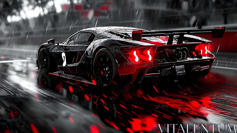 Sleek race car cuts through rainy night on neon wet track