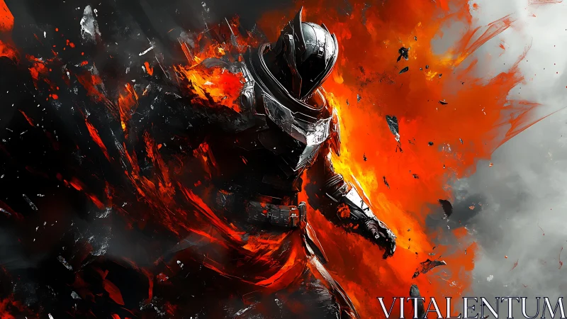 Armored futuristic warrior engulfed in blasting firestorm.