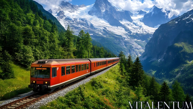 Red mountain train travels through lush alpine valley