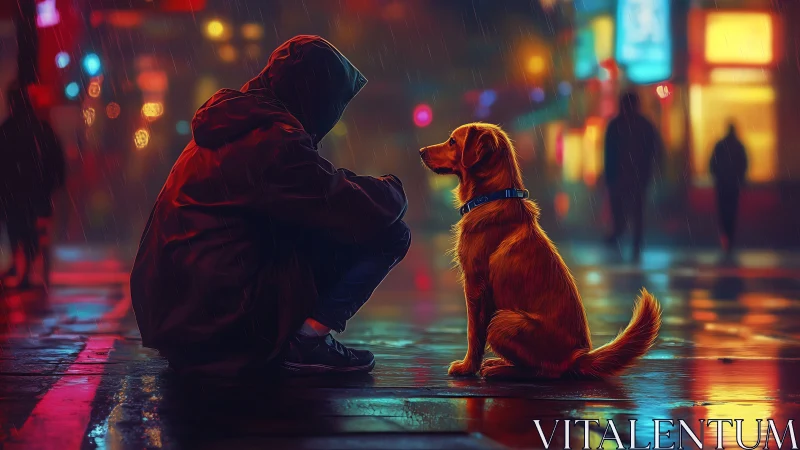 Hooded figure and dog sit on wet city street at night
