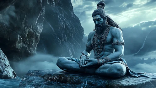 Serene blue sage meditates calmly on misty mountain rock