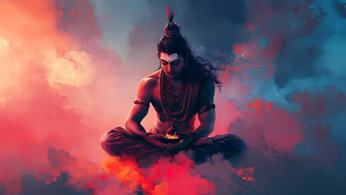 Meditating ascetic figure amid bicolor volumetric nebula field