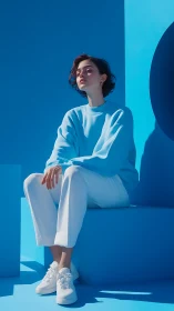 Woman in monochrome blue set against hard geometric shadows