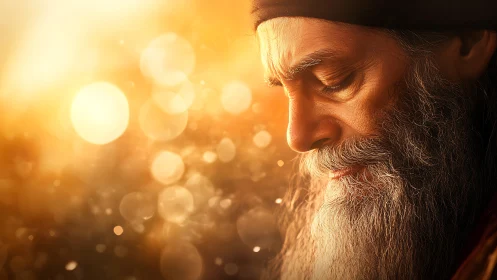 Elderly bearded man in warm golden light contemplates silently