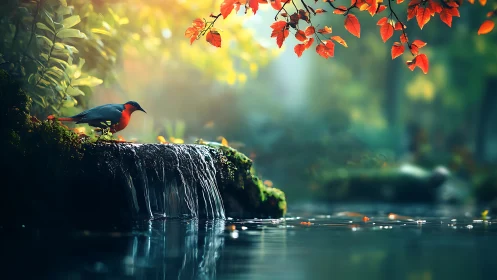Vibrant bird beside tranquil waterfall in dreamy forest setting.