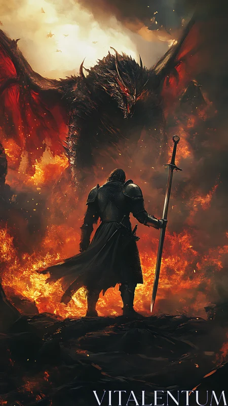 Lone knight stands bravely before a towering fire dragon.