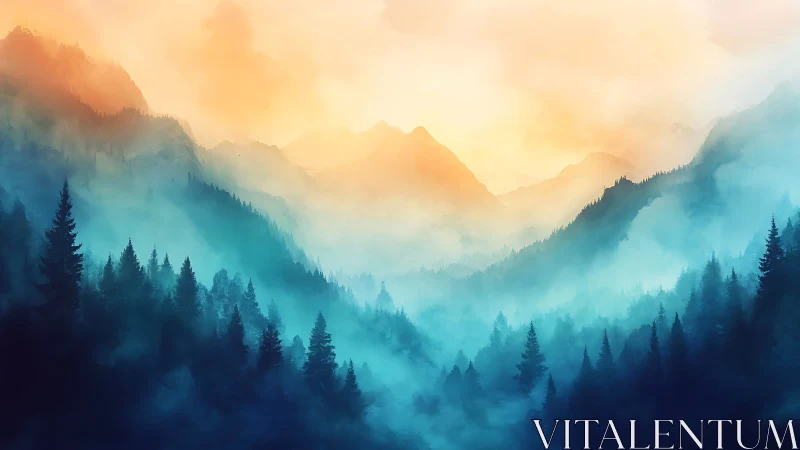 Atmospheric alpine valley renders luminous sunrise gradients