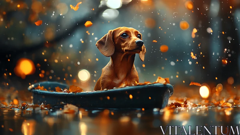 Small dog sits in shallow container amid falling autumn leaves