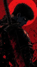 Solitary swordsman silhouette before red lunar disc.