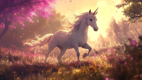 White unicorn running through glowing pink forest meadow.
