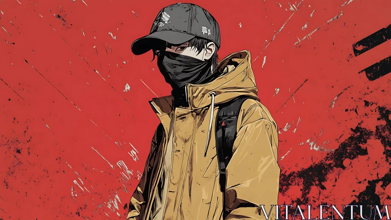 Hooded masked figure in yellow jacket stands before red wall