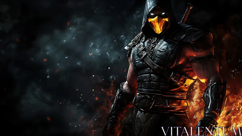 Armored hooded warrior rendered with high-contrast fire lighting
