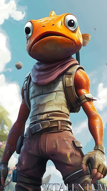 Orange space-frog ranger stares down the wide blue sky.