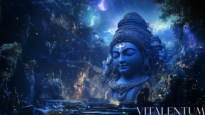 Luminous astral cavern with colossal meditative deity bust.