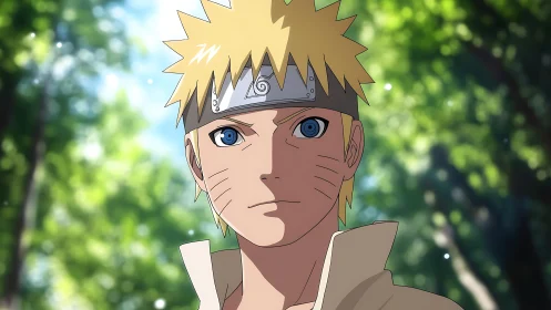 Blond anime ninja portrait stands focused in forest setting